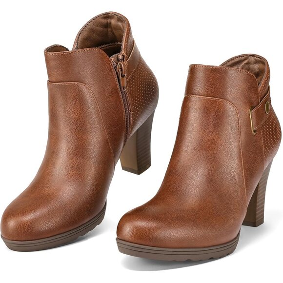 ⚡Women's Brown Buckle Zipper Booties Chunky Stacked Heel Ankle Boots Strap Ankle - Picture 3 of 4